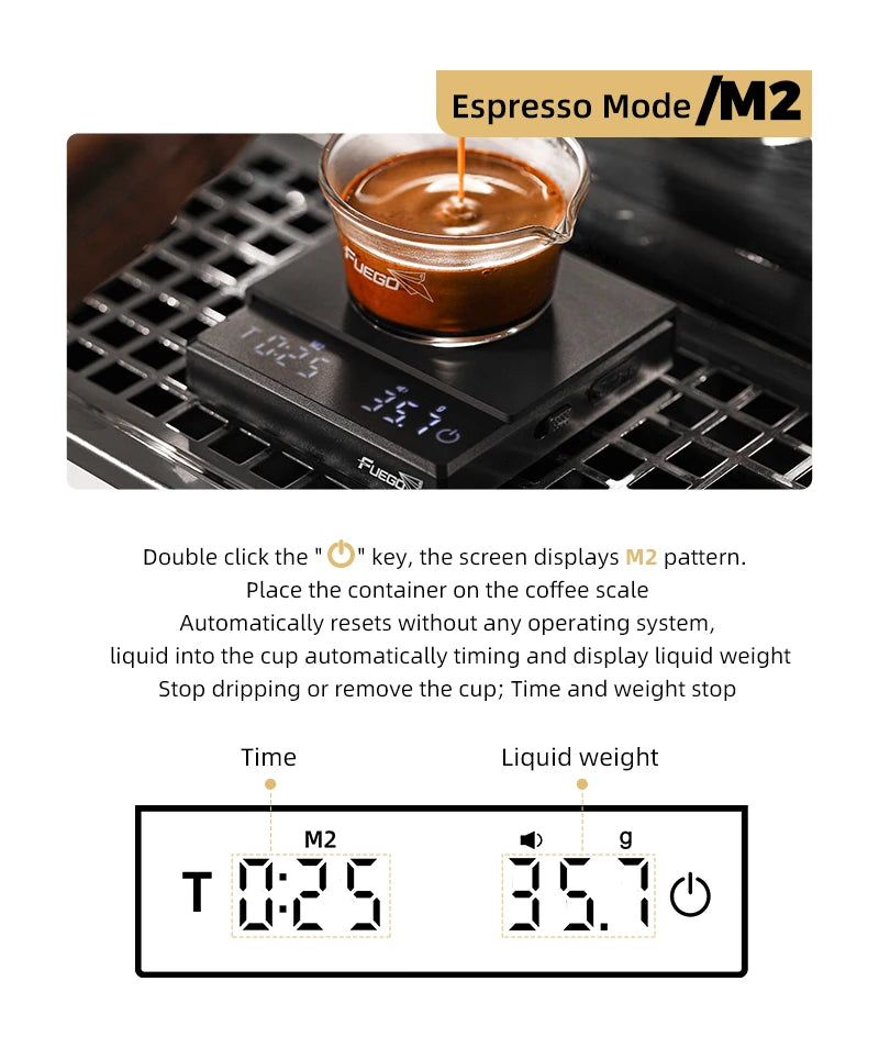 Digital coffee scale measuring espresso with a cup of coffee on a black metal grid background.