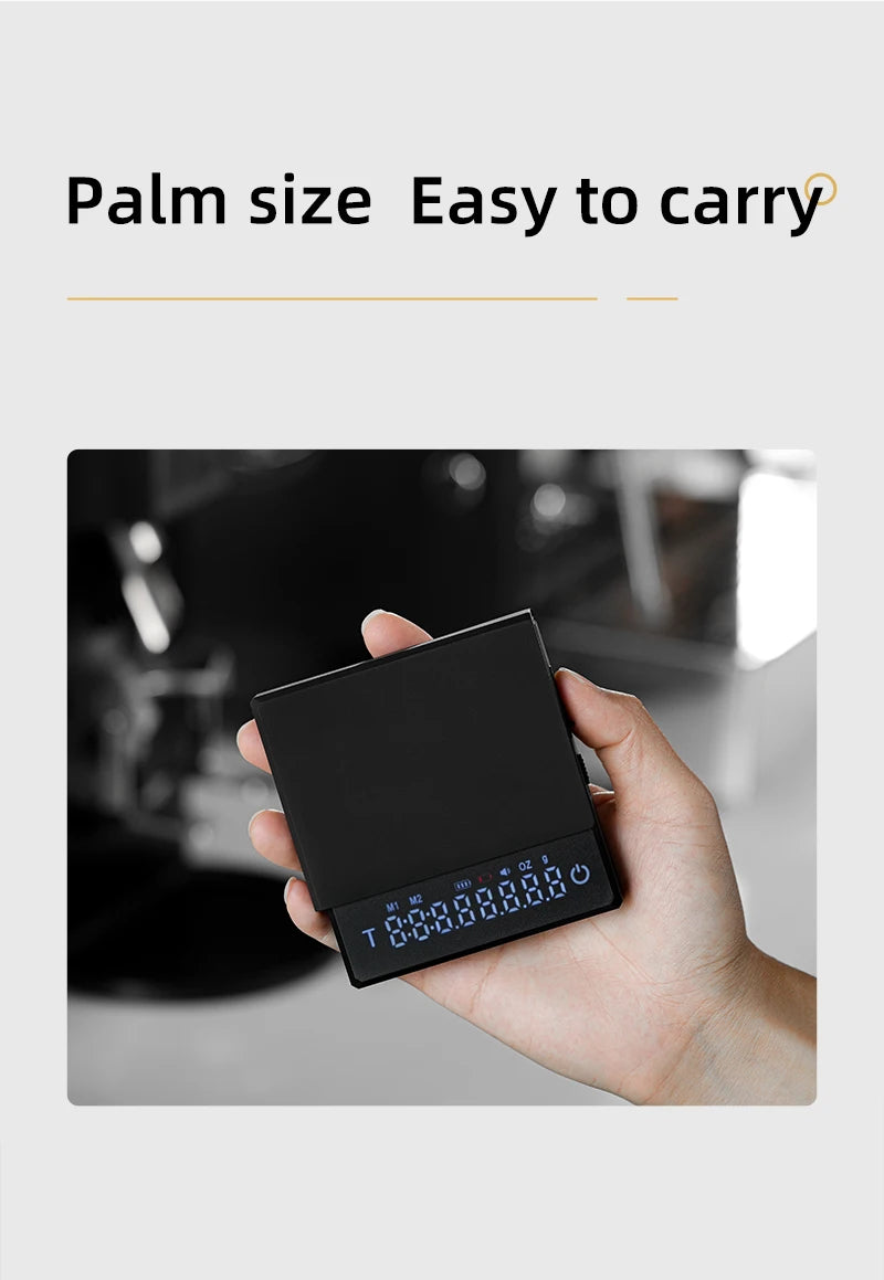Hand holding a palm-sized electronic device with text 'Palm size Easy to carry' on a light gray background.