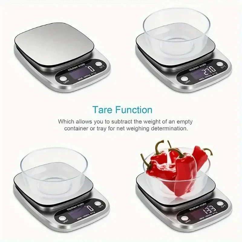 Digital kitchen scale with tare function feature on a white background