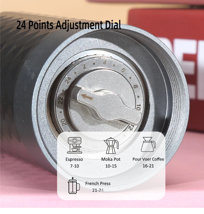 Close-up of a coffee grinder with a 24-point adjustment dial and usage icons.