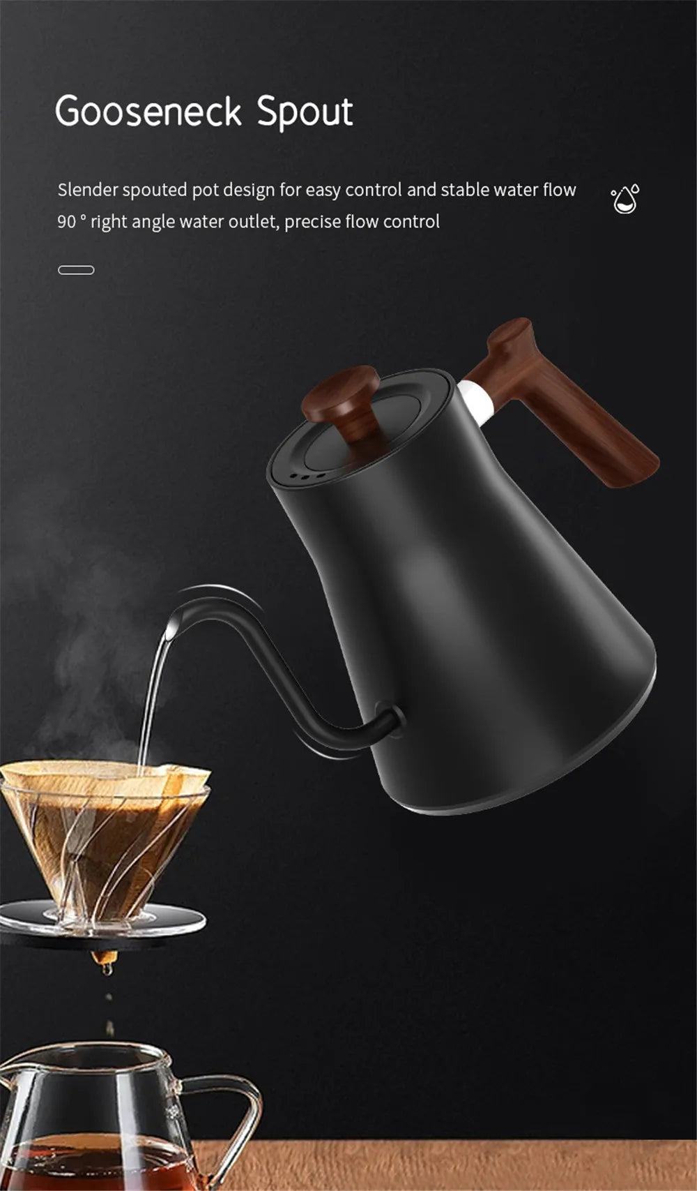 Black gooseneck kettle with wooden handle pouring tea into a glass cup on a dark background