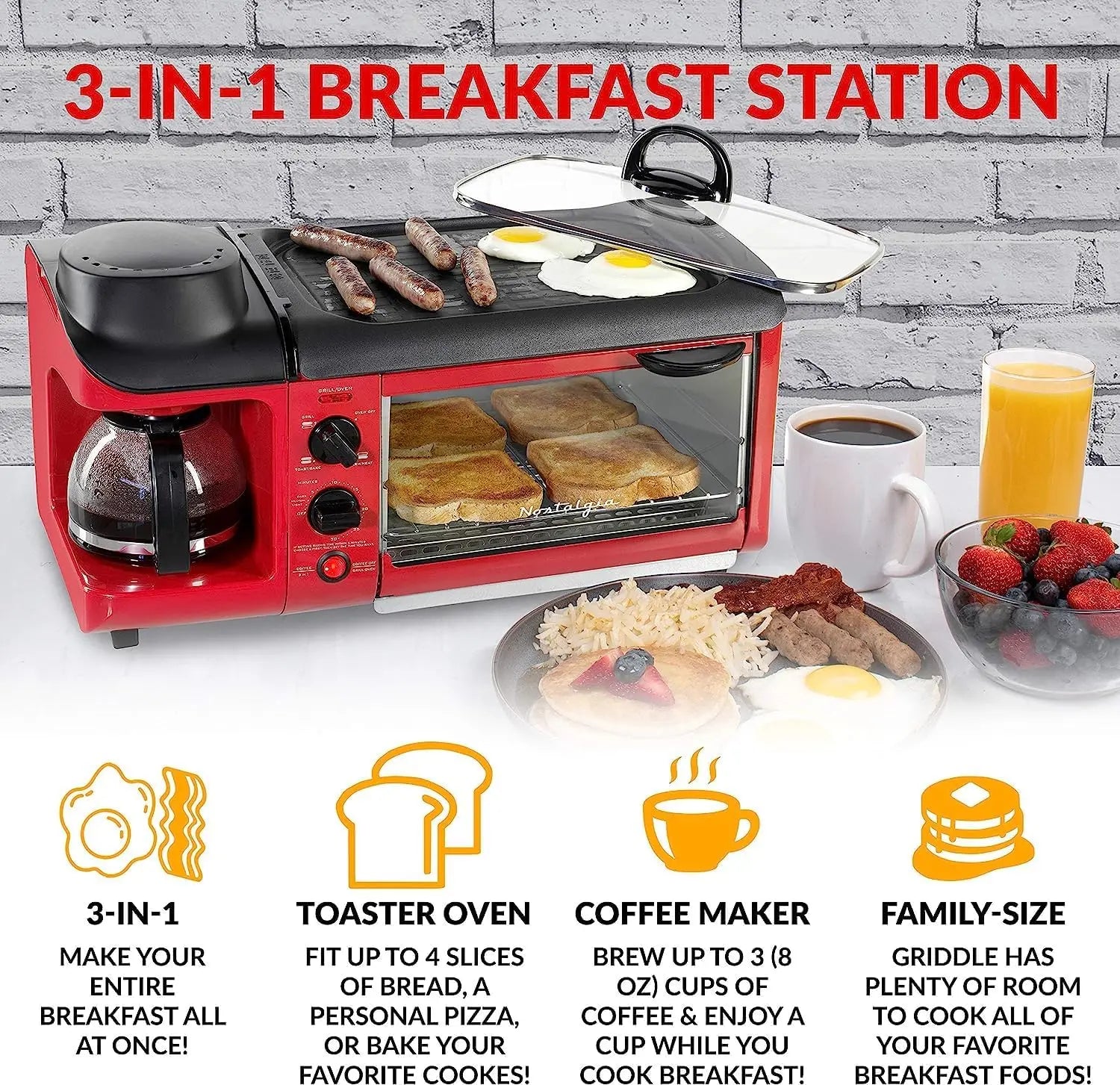 3-in-1 Breakfast Station - Includes Coffee Maker, Non-Stick Griddle, and 4-Slice Toaster Oven - Versatile Breakfast Maker with T