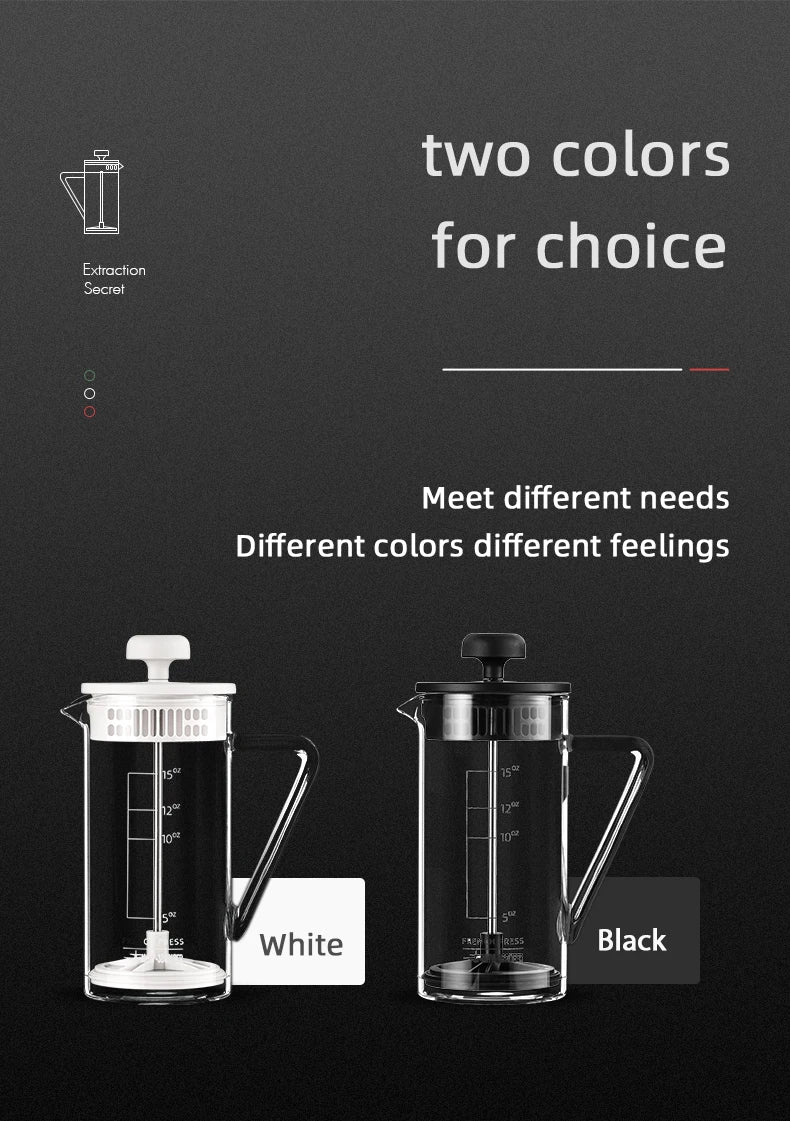 Two French press coffee makers, one white and one black, on a dark background with text about color choices.