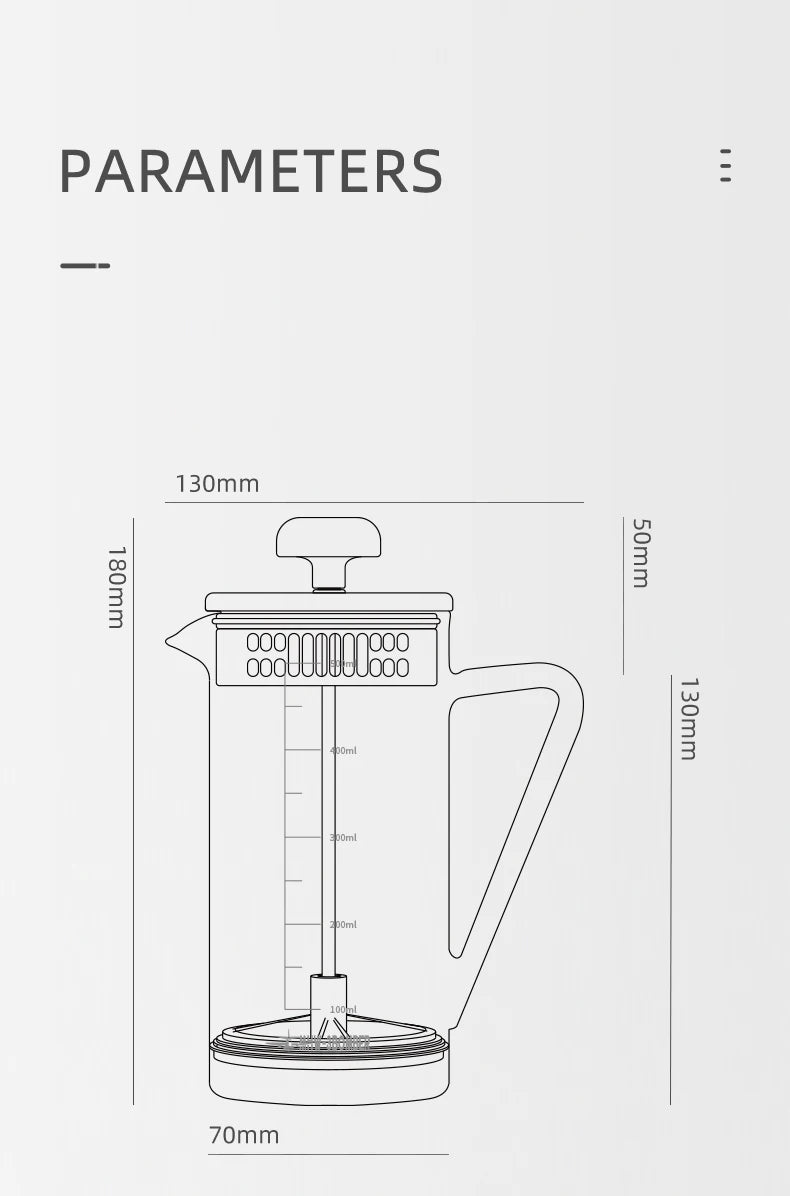 Measurement chart of a French press coffee maker with dimensions in millimeters.