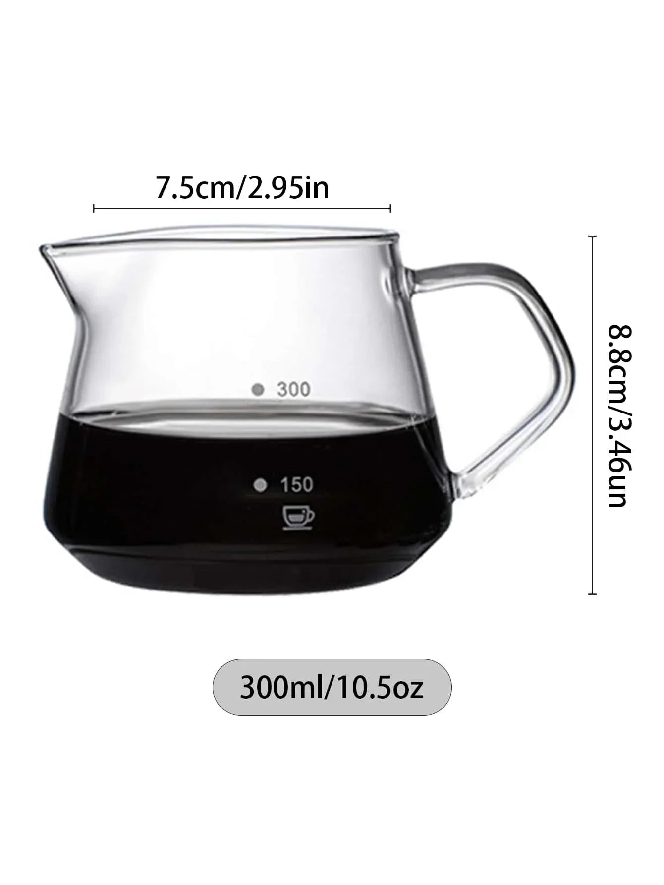 Glass teapot with measurements and liquid level indicators on a white background