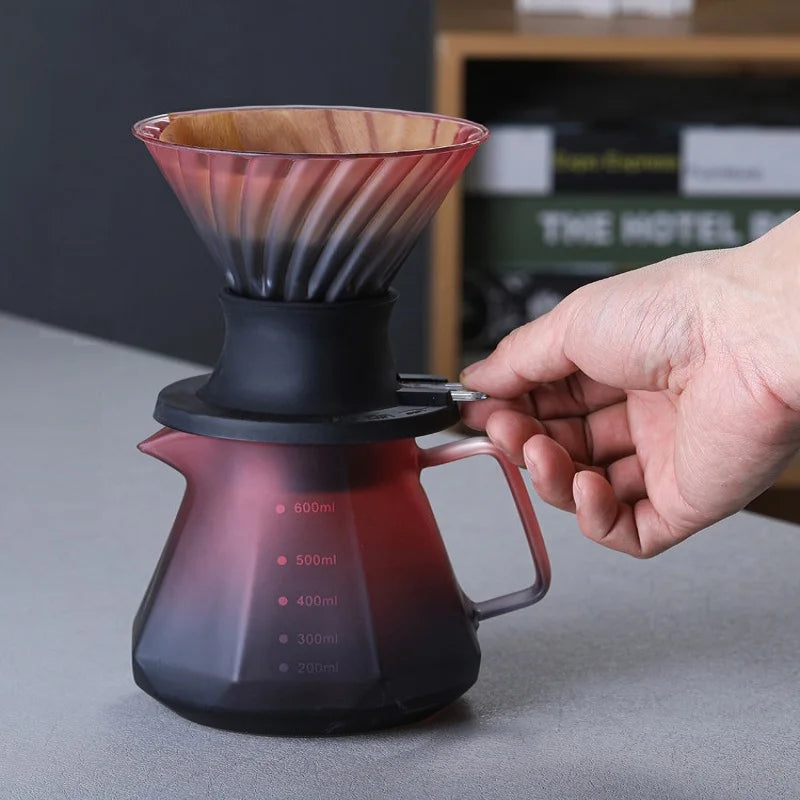 600ml High-Heat Borosilicate Glass Coffee Pour Over Set – Smart Walnut Handle Filter Cup & Sharing Pot for Home/Café/Restaurant