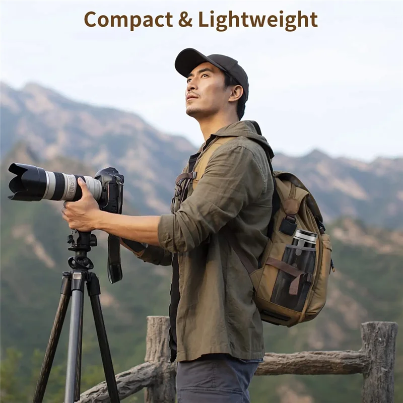 Man with camera and backpack in a mountainous landscape, emphasizing compactness and light weight.