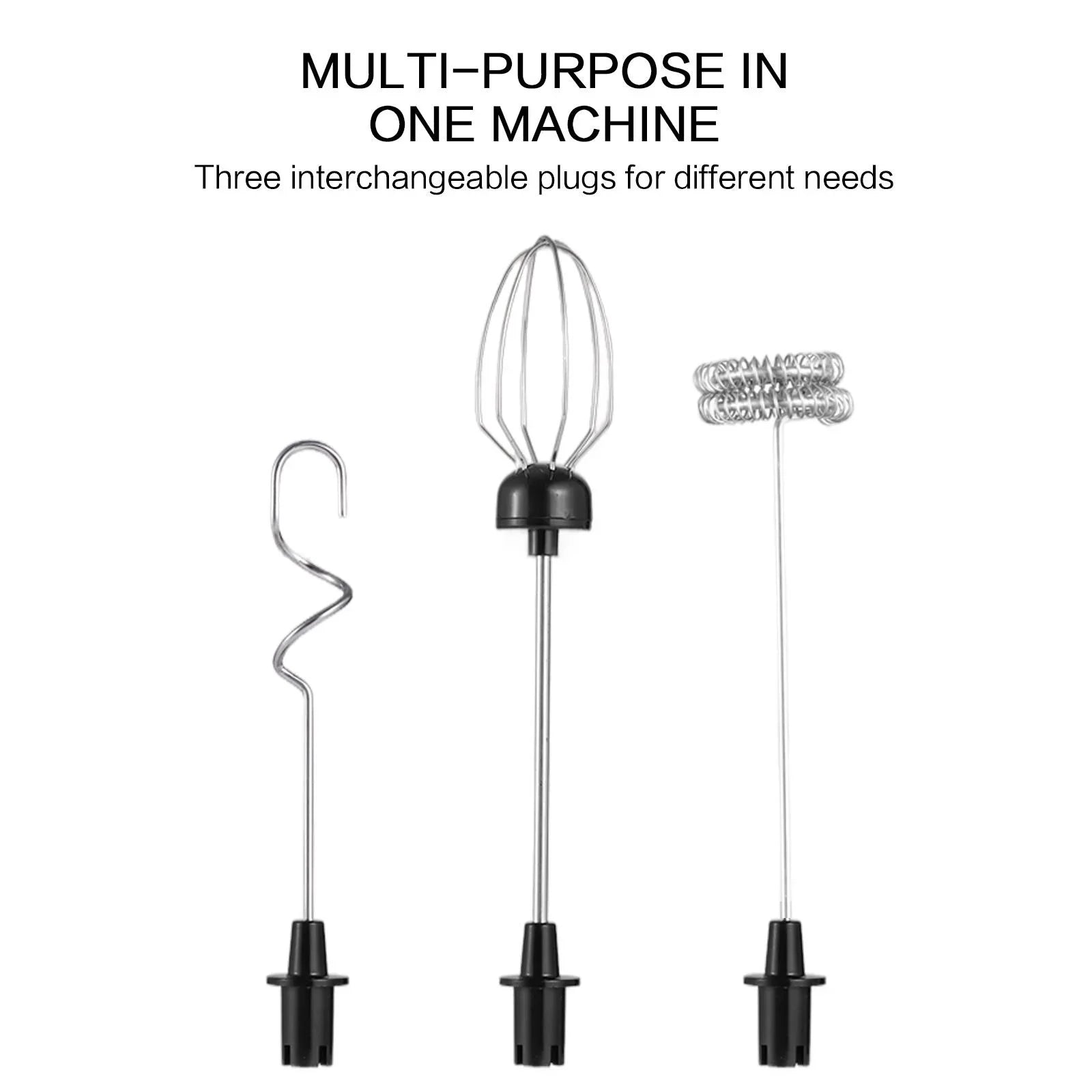 Three interchangeable plugs for a machine on a white background with text about their multi-purpose use.