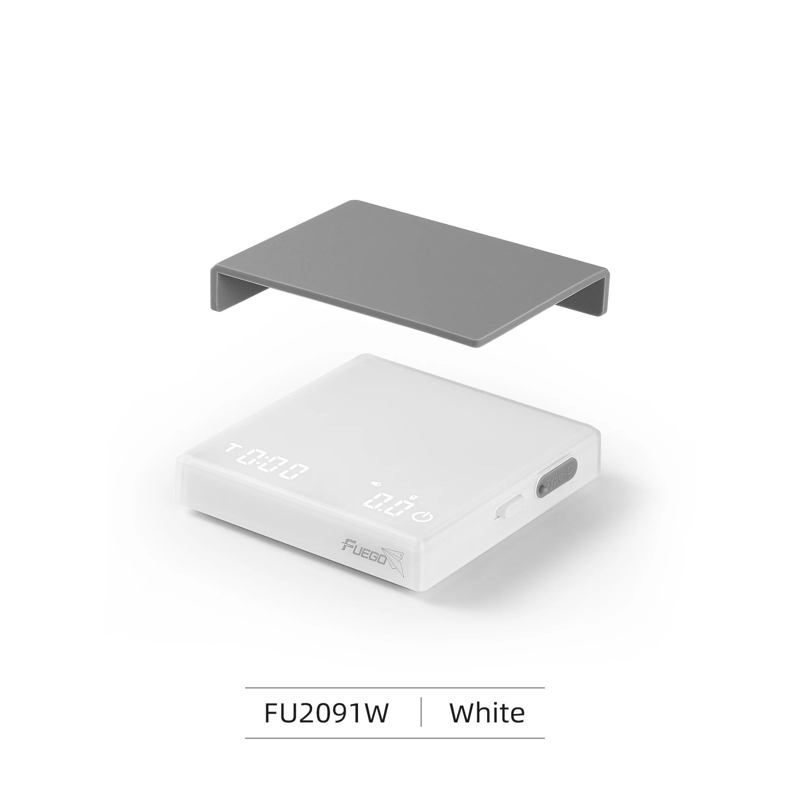 White electronic device with digital display on a white background