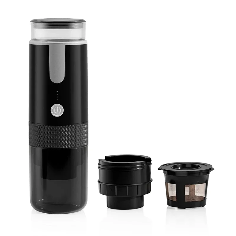 Black portable coffee maker with accessories on a white background