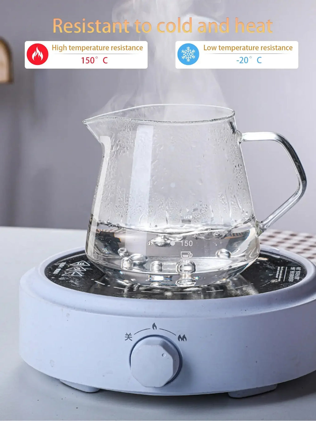 Clear glass pot on a white base with temperature resistance indicators.