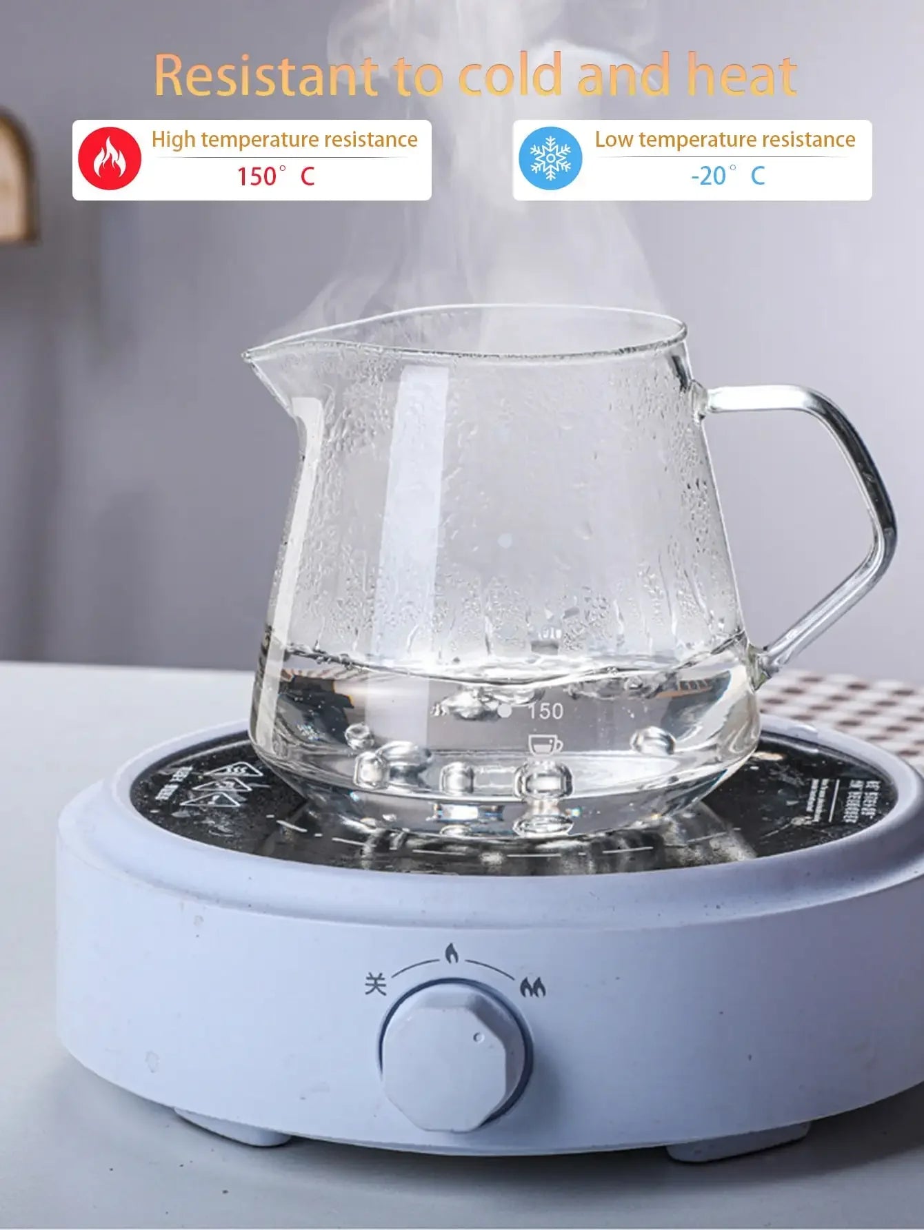 Clear glass pot on a white base with temperature resistance indicators.