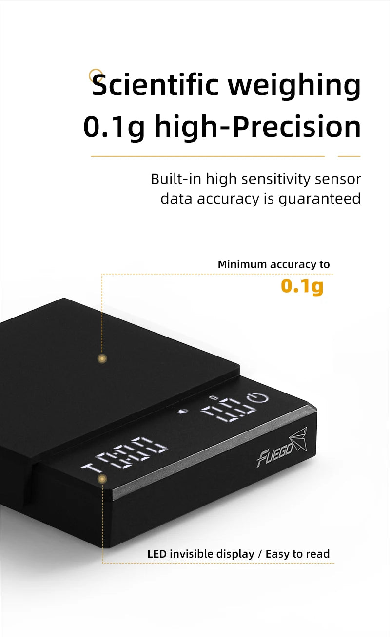 High-precision digital scale with text highlighting its features on a white background