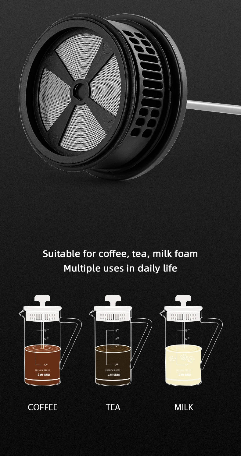 Black mesh filter with text indicating its versatility for coffee, tea, and milk on a dark background.