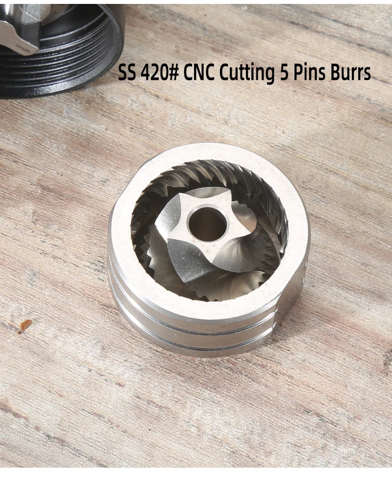 Metal cutting burr with 'SS 420# CNC Cutting 5 Pins Burrs' text on a wooden surface