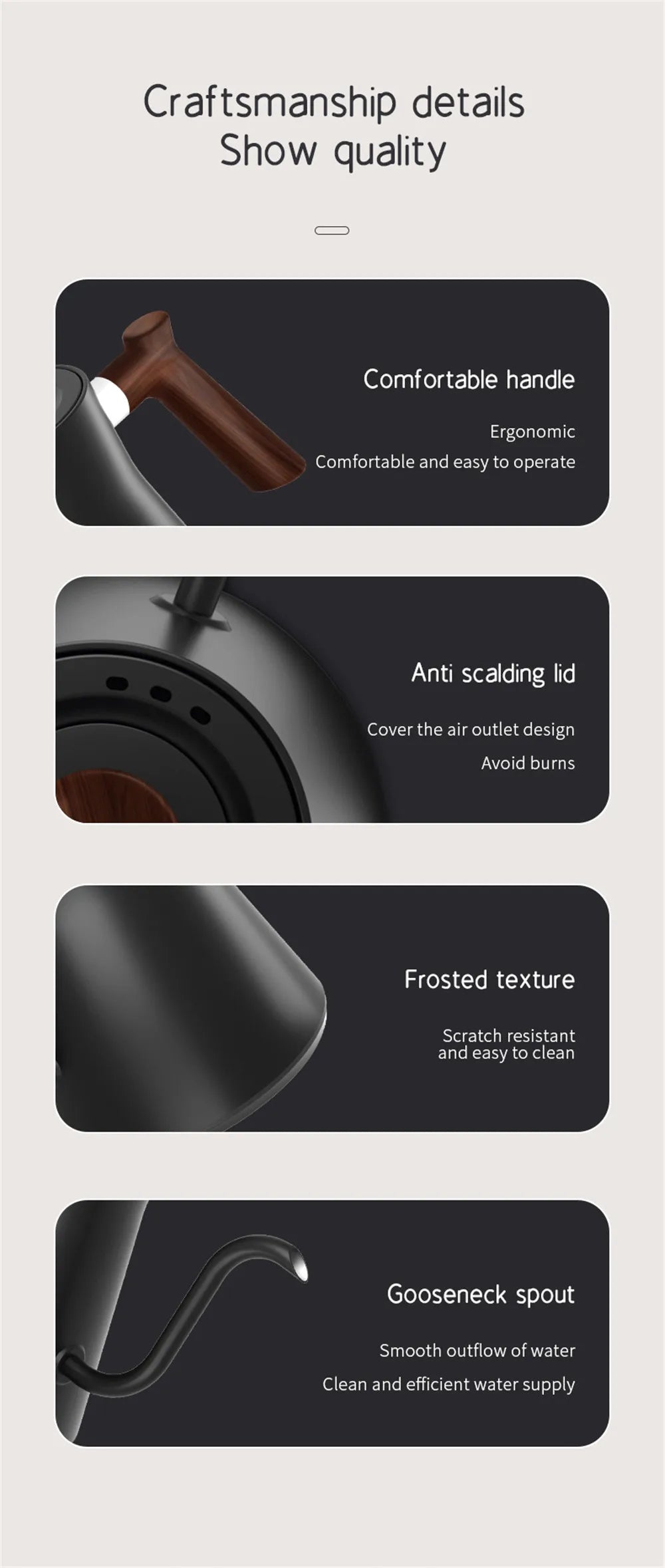 Product features with text on craftsmanship details and quality.