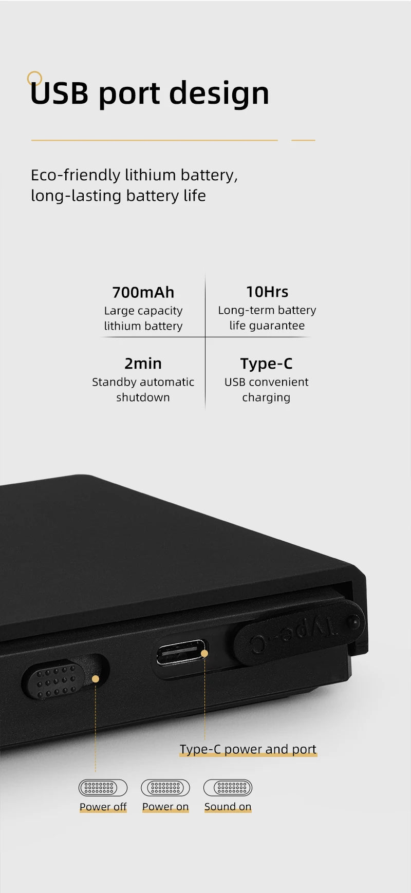 Black electronic device with USB port and power buttons on a light gray background