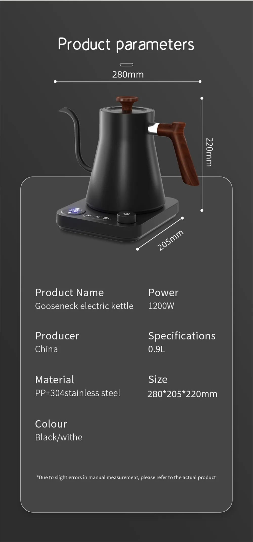 Gooseneck electric kettle with dimensions and product parameters on a dark background