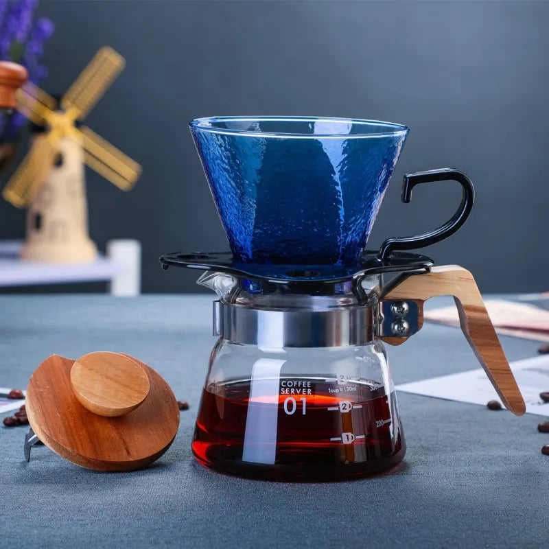 Heat Resistant Glass Hand Drip Coffee Pot Coffee Server with Wood Handle