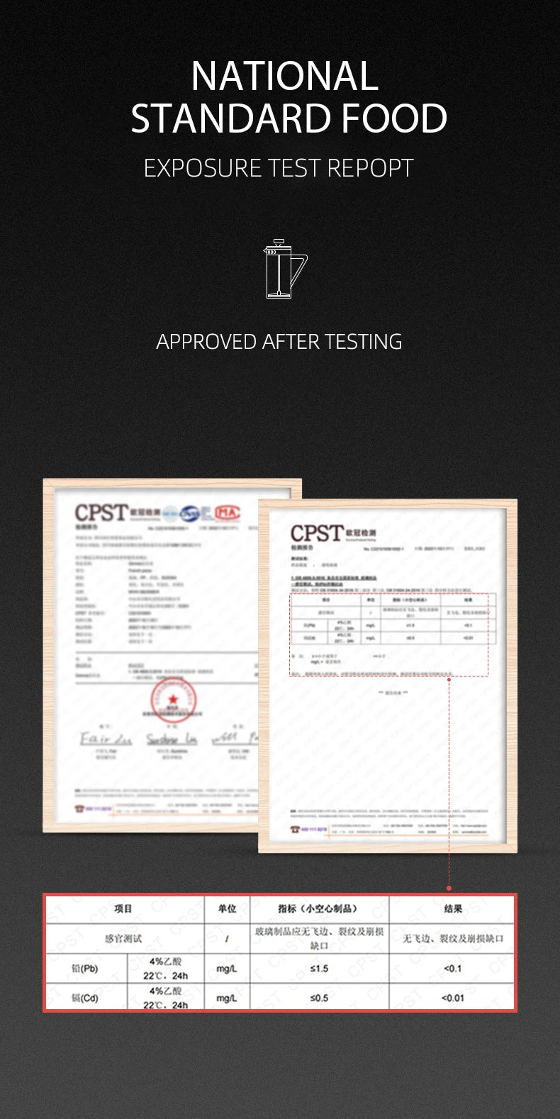 National Standard Food Exposure Test Report with certification logos on a black background