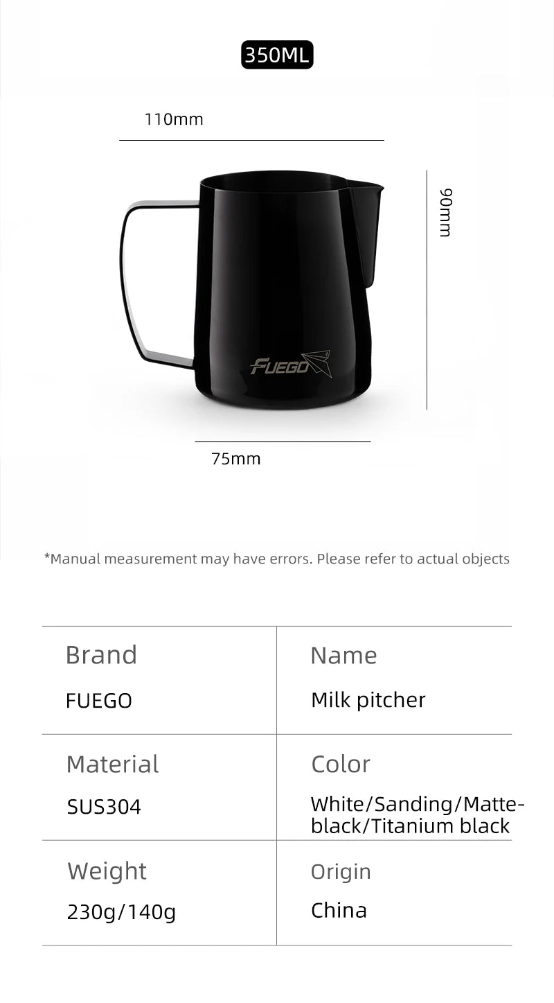 Fuego Milk Pitcher 350/600ml Coffee Latte Art Pitcher Stainless Steel Espresso Steaming Milk Frothing Jug Barista Accessories
