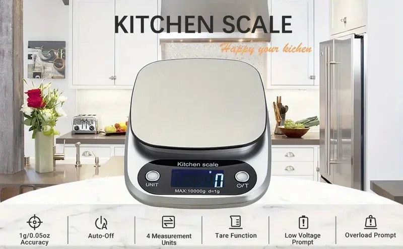 Kitchen scale on a kitchen counter with a modern kitchen background