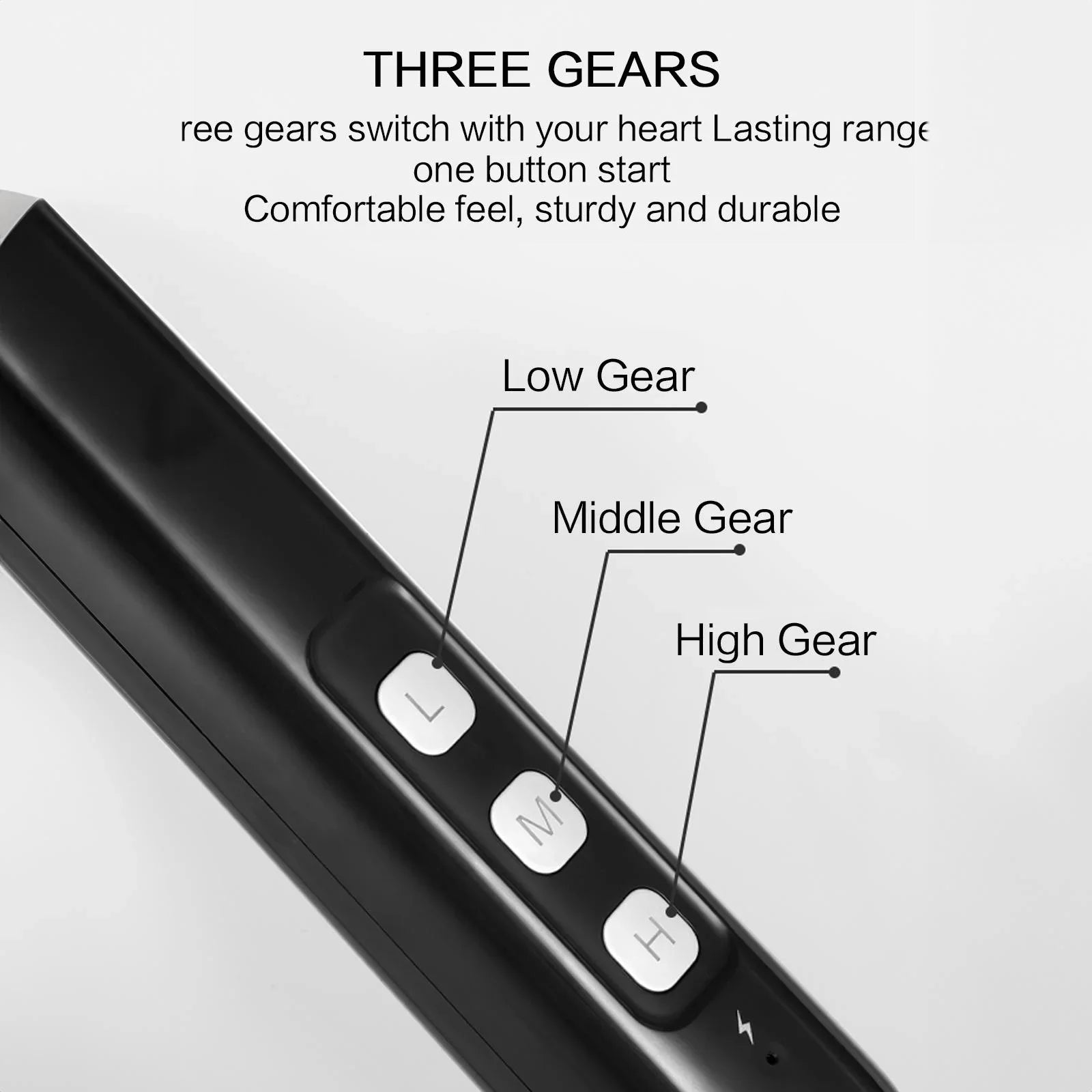 Close-up of a device with three gear switches labeled 'Low Gear', 'Middle Gear', and 'High Gear' on a white background.