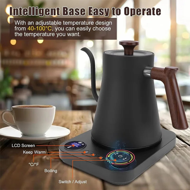 Black electric kettle with wooden handle on a wooden table, featuring an adjustable temperature control system.