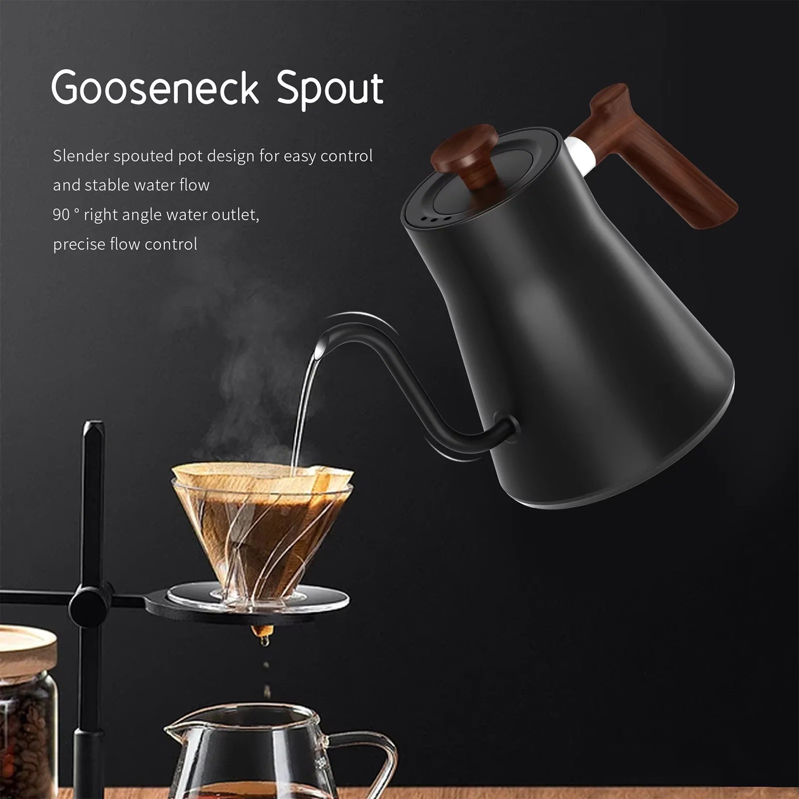 Black electric kettle with gooseneck spout pouring coffee into a filter basket.