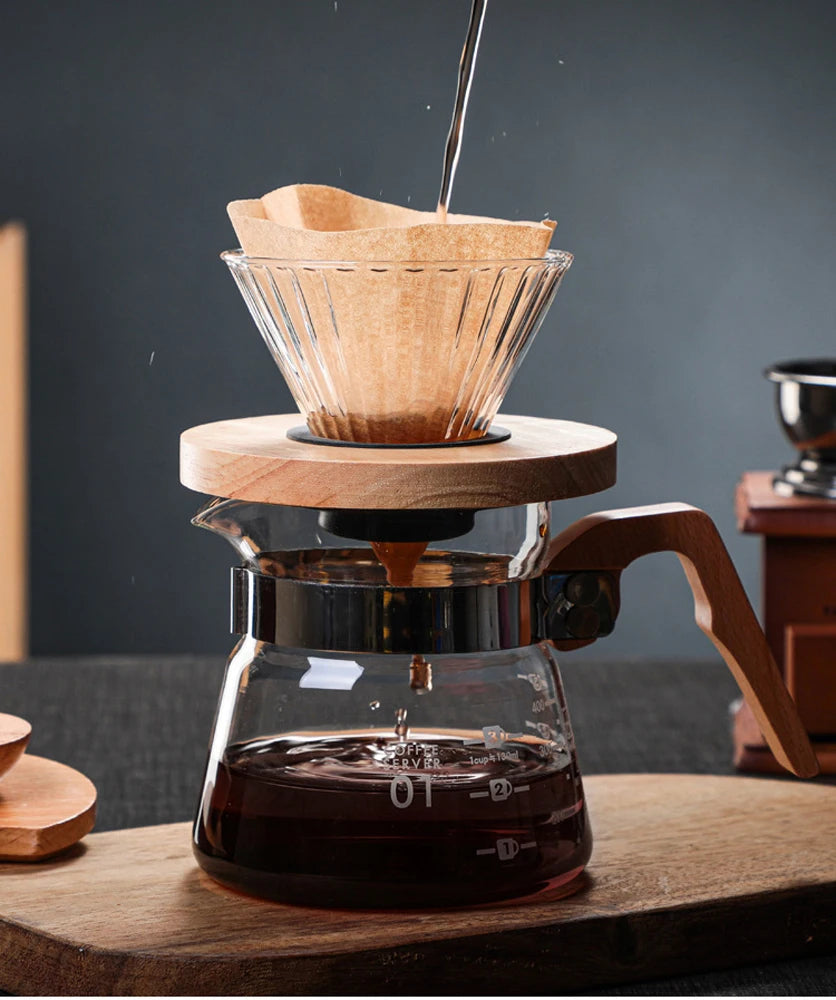 Heat Resistant Glass Hand Drip Coffee Pot Coffee Server with Wood Handle