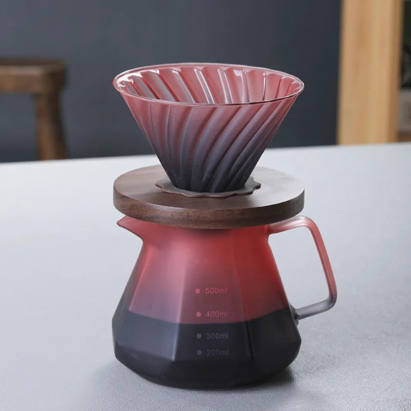 600ml High-Heat Borosilicate Glass Coffee Pour Over Set – Smart Walnut Handle Filter Cup & Sharing Pot for Home/Café/Restaurant